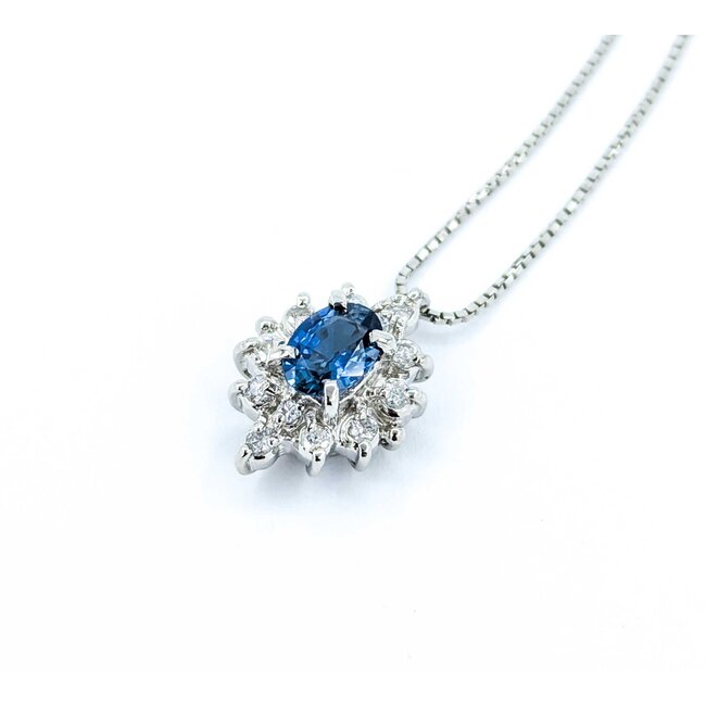 Necklace Halo .30ctw Round Diamonds 1.04ct Blue Sapphire 900pt .8mm 16" 6.49g 125030103