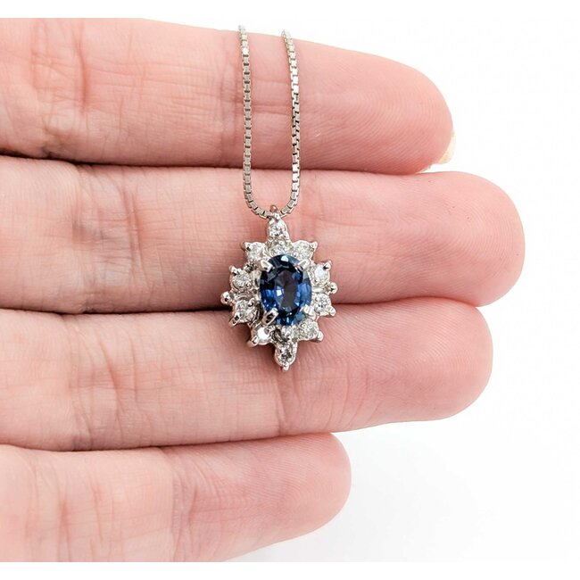 Necklace Halo .30ctw Round Diamonds 1.04ct Blue Sapphire 900pt .8mm 16" 6.49g 125030103