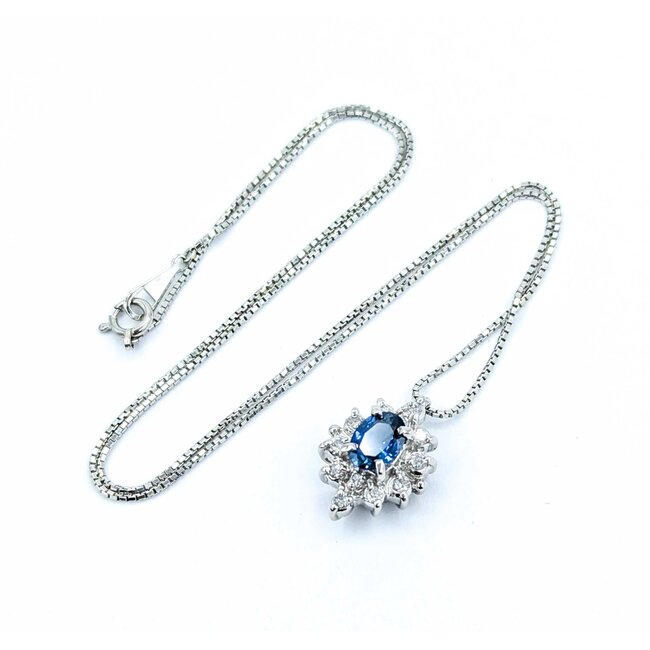 Necklace Halo .30ctw Round Diamonds 1.04ct Blue Sapphire 900pt .8mm 16" 6.49g 125030103
