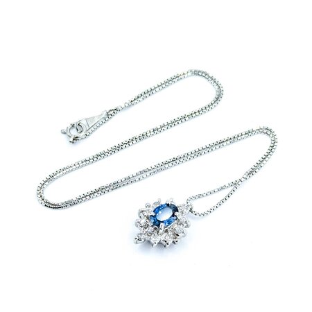 Necklace Halo .30ctw Round Diamonds 1.04ct Blue Sapphire 900pt .8mm 16" 6.49g 125030103