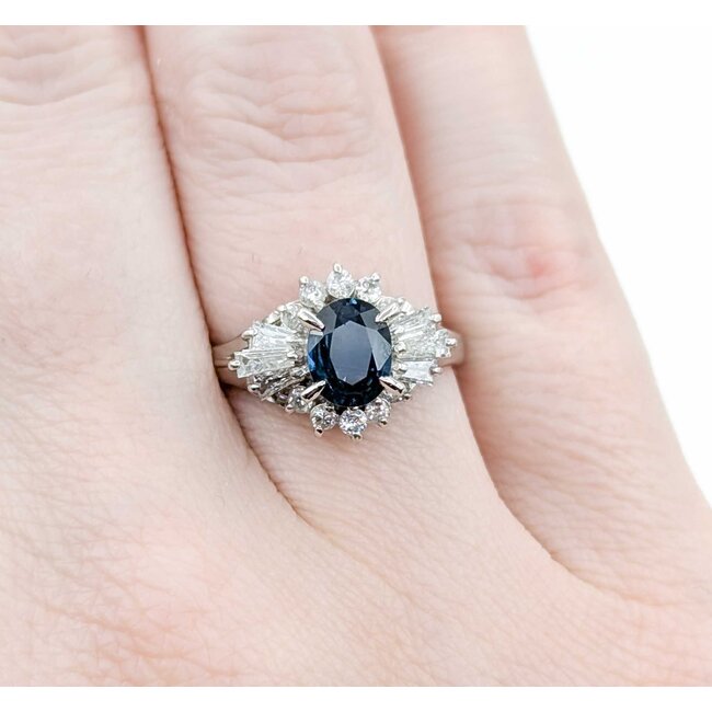 Ring Cocktail 0.54ctw Round & Baguette Diamonds 1.03ct Teal/Blue Sapphire 900pt 14.8x11.5mm sz6.25 6.35g 125030091