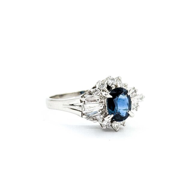 Ring Cocktail 0.54ctw Round & Baguette Diamonds 1.03ct Teal/Blue Sapphire 900pt 14.8x11.5mm sz6.25 6.35g 125030091