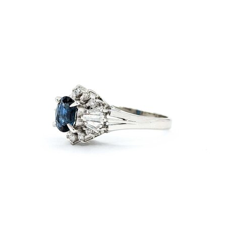 Ring Cocktail 0.54ctw Round & Baguette Diamonds 1.03ct Teal/Blue Sapphire 900pt 14.8x11.5mm sz6.25 6.35g 125030091
