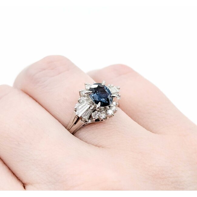Ring Cocktail 0.54ctw Round & Baguette Diamonds 1.03ct Teal/Blue Sapphire 900pt 14.8x11.5mm sz6.25 6.35g 125030091