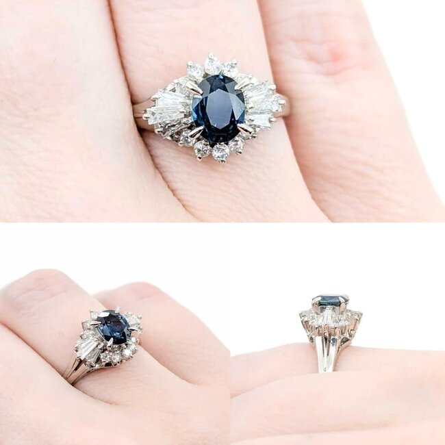 Ring Cocktail 0.54ctw Round & Baguette Diamonds 1.03ct Teal/Blue Sapphire 900pt 14.8x11.5mm sz6.25 6.35g 125030091