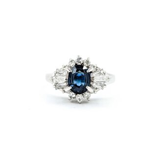 Ring Cocktail 0.54ctw Round & Baguette Diamonds 1.03ct Teal/Blue Sapphire 900pt 14.8x11.5mm sz6.25 6.35g 125030091