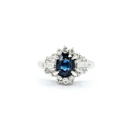 Ring Cocktail 0.54ctw Round & Baguette Diamonds 1.03ct Teal/Blue Sapphire 900pt 14.8x11.5mm sz6.25 6.35g 125030091