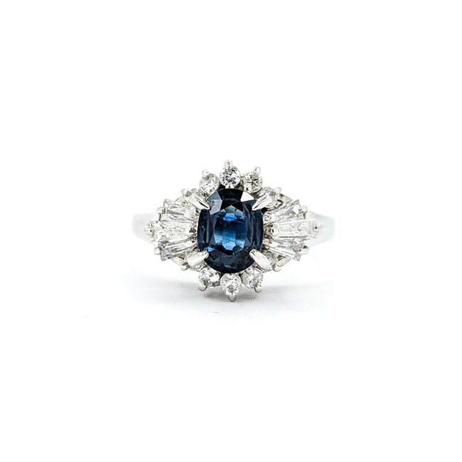 Ring Cocktail 0.54ctw Round & Baguette Diamonds 1.03ct Teal/Blue Sapphire 900pt 14.8x11.5mm sz6.25 6.35g 125030091