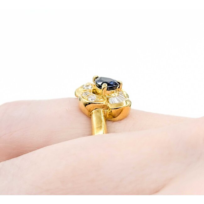 Ring Floral Shape 0.29ctw Round & Baguette Diamonds .69ct Blue Sapphire 18ky sz6 6.02g 125030093