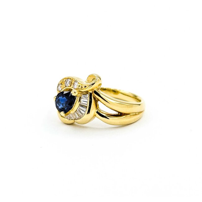 Ring Floral Shape 0.29ctw Round & Baguette Diamonds .69ct Blue Sapphire 18ky sz6 6.02g 125030093