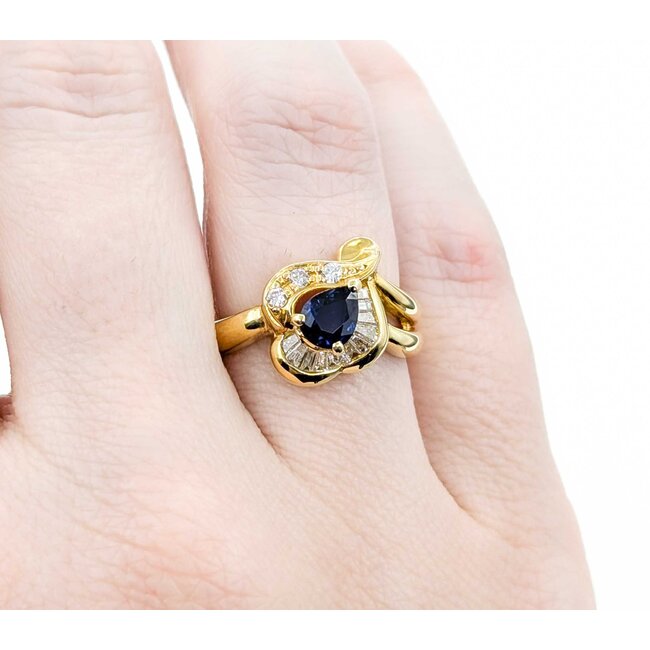 Ring Floral Shape 0.29ctw Round & Baguette Diamonds .69ct Blue Sapphire 18ky sz6 6.02g 125030093