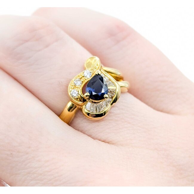 Ring Floral Shape 0.29ctw Round & Baguette Diamonds .69ct Blue Sapphire 18ky sz6 6.02g 125030093
