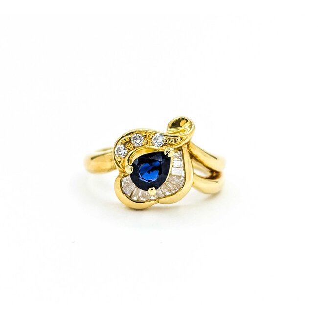 Ring Floral Shape 0.29ctw Round & Baguette Diamonds .69ct Blue Sapphire 18ky sz6 6.02g 125030093