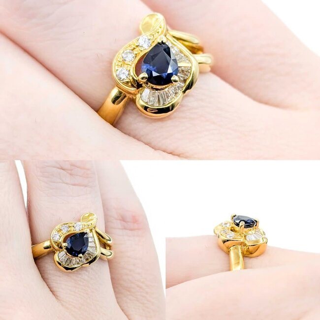 Ring Floral Shape 0.29ctw Round & Baguette Diamonds .69ct Blue Sapphire 18ky sz6 6.02g 125030093