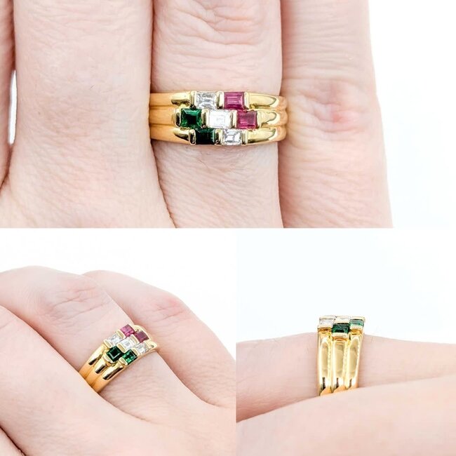 Ring 3-Row 0.30ctw Baguette Diamonds .30ctw Ruby .20ctw Emerald 18ky 6.8mm sz6 5.51g 125030076