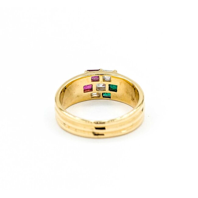 Ring 3-Row 0.30ctw Baguette Diamonds .30ctw Ruby .20ctw Emerald 18ky 6.8mm sz6 5.51g 125030076