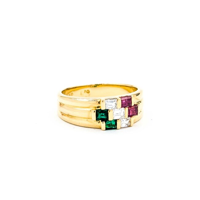 Ring 3-Row 0.30ctw Baguette Diamonds .30ctw Ruby .20ctw Emerald 18ky 6.8mm sz6 5.51g 125030076