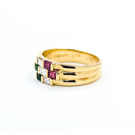 Ring 3-Row 0.30ctw Baguette Diamonds .30ctw Ruby .20ctw Emerald 18ky 6.8mm sz6 5.51g 125030076