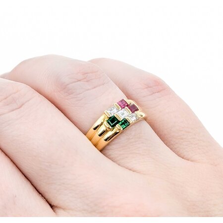 Ring 3-Row 0.30ctw Baguette Diamonds .30ctw Ruby .20ctw Emerald 18ky 6.8mm sz6 5.51g 125030076