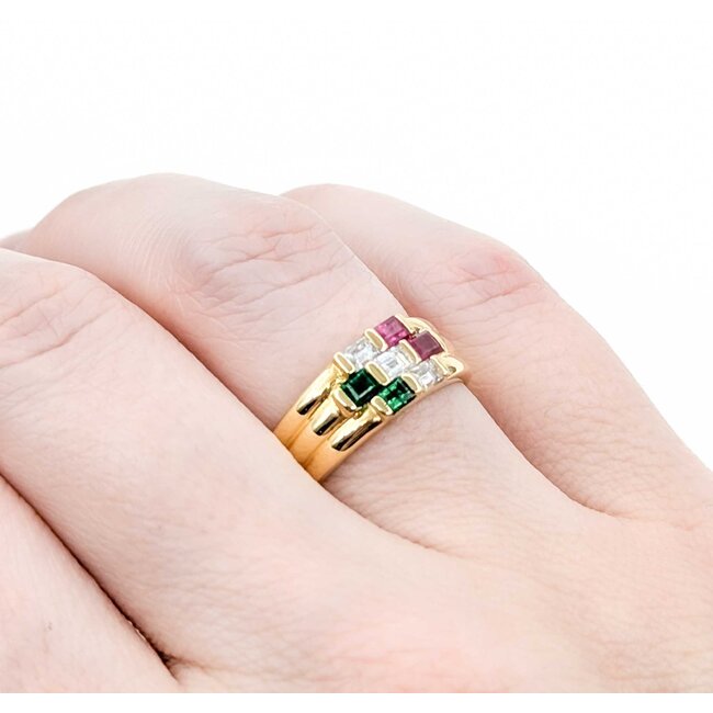 Ring 3-Row 0.30ctw Baguette Diamonds .30ctw Ruby .20ctw Emerald 18ky 6.8mm sz6 5.51g 125030076