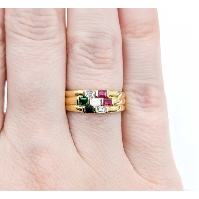 Ring 3-Row 0.30ctw Baguette Diamonds .30ctw Ruby .20ctw Emerald 18ky 6.8mm sz6 5.51g 125030076