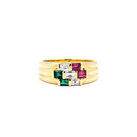 Ring 3-Row 0.30ctw Baguette Diamonds .30ctw Ruby .20ctw Emerald 18ky 6.8mm sz6 5.51g 125030076
