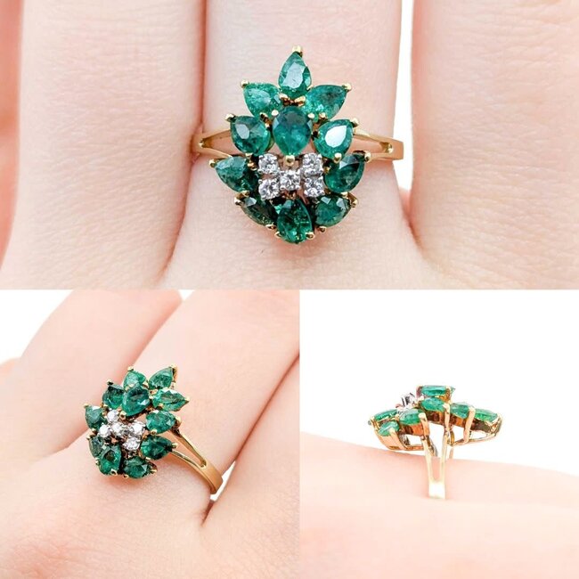 Ring Cocktail .025ctw Round Diamonds 1.50ctw Emeralds 14ky 16.5x14mm Sz7.75 3.27g 225040007