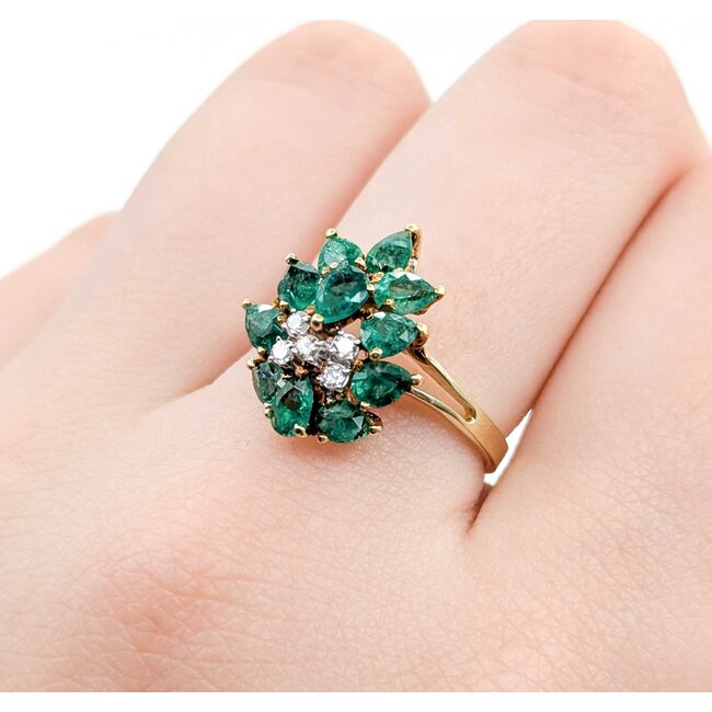 Ring Cocktail .025ctw Round Diamonds 1.50ctw Emeralds 14ky 16.5x14mm Sz7.75 3.27g 225040007
