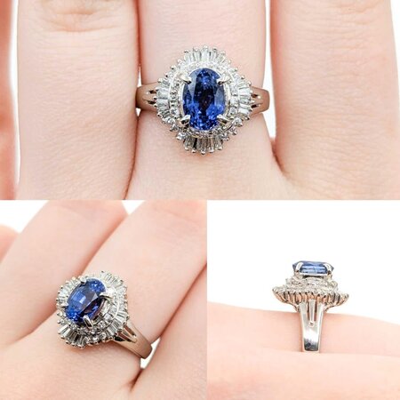 Ring Cocktail 0.59ctw Round & Baguette Diamonds 2.06ct Sapphire 900pt 15x14mm sz7 7.67g 125030071