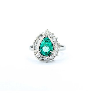 Ring Cocktail, Pear Shape 0.59ctw Round & Baguette Diamonds 1.48ct Emerald 900pt 17x14mm sz6 8.68g 125030088