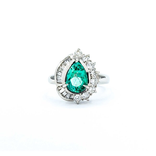 Ring Cocktail, Pear Shape 0.59ctw Round & Baguette Diamonds 1.48ct Emerald 900pt 17x14mm sz6 8.68g 125030088