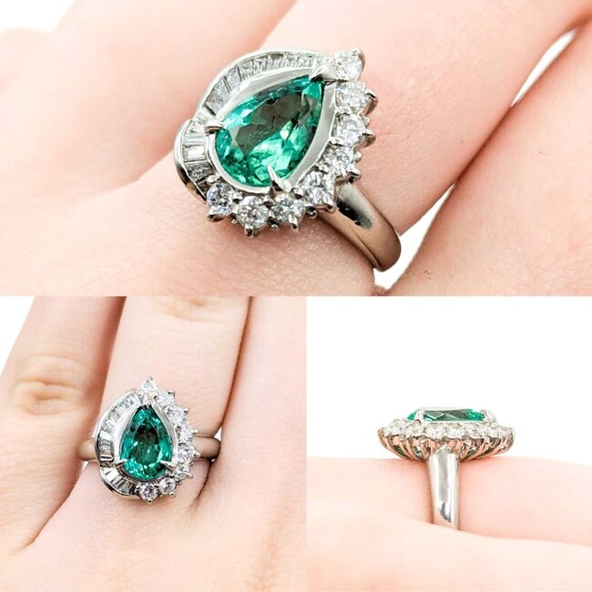 Ring Cocktail, Pear Shape 0.59ctw Round & Baguette Diamonds 1.48ct Emerald 900pt 17x14mm sz6 8.68g 125030088