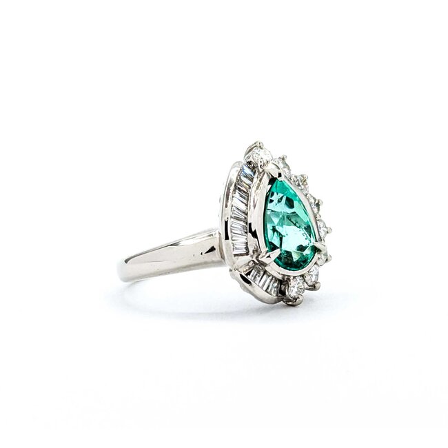 Ring Cocktail, Pear Shape 0.59ctw Round & Baguette Diamonds 1.48ct Emerald 900pt 17x14mm sz6 8.68g 125030088
