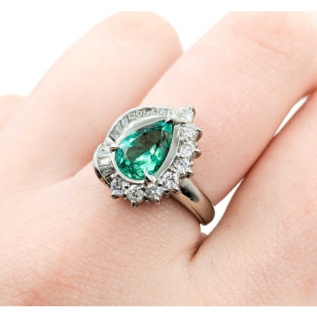 Ring Cocktail, Pear Shape 0.59ctw Round & Baguette Diamonds 1.48ct Emerald 900pt 17x14mm sz6 8.68g 125030088