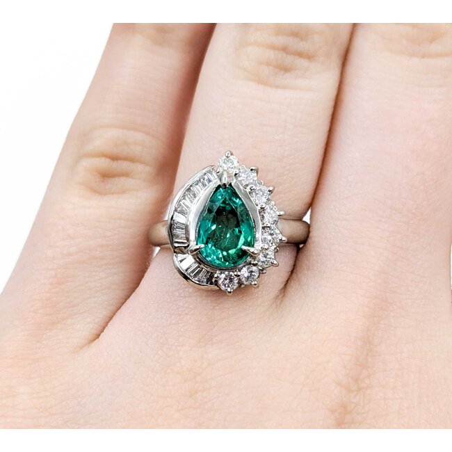 Ring Cocktail, Pear Shape 0.59ctw Round & Baguette Diamonds 1.48ct Emerald 900pt 17x14mm sz6 8.68g 125030088