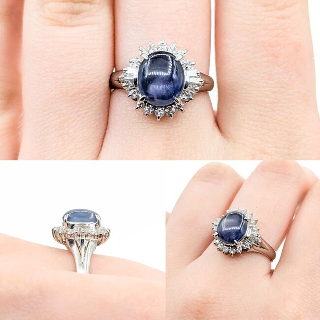 Ring Cocktail 0.48ctw Round & Baguette Diamonds 4.47ct Star Sapphire 900pt 15x14.5mm sz7.25 7.75g 125030063