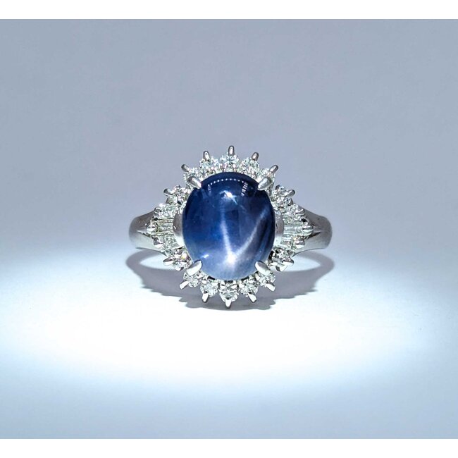 Ring Cocktail 0.48ctw Round & Baguette Diamonds 4.47ct Star Sapphire 900pt 15x14.5mm sz7.25 7.75g 125030063