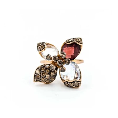 Ring Floral LeVian .65ctw Round Diamonds 2ct Garnet 3.5ctw White Quartz 14ky .75x.75" 6.67g 125040019