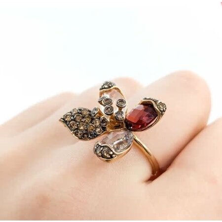 Ring Floral LeVian .65ctw Round Diamonds 2ct Garnet 3.5ctw White Quartz 14ky .75x.75" 6.67g 125040019