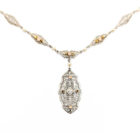 Necklace Art Deco Filigree .05ct Old European Diamond 2.75mm Pearls 14kw/r 17.5" 3.86g 225040036