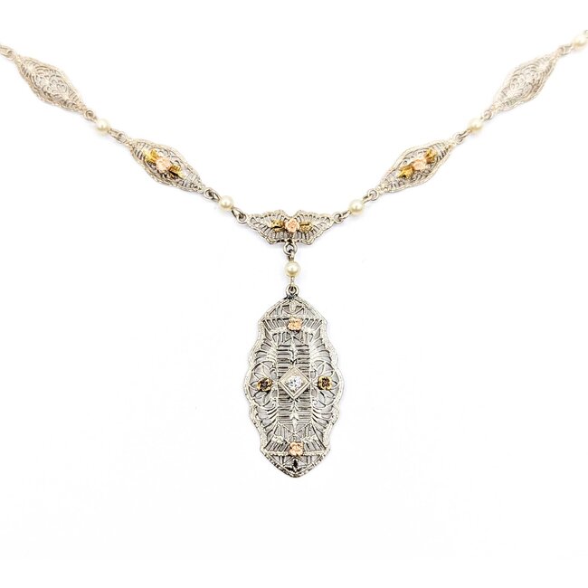 Necklace Art Deco Filigree .05ct Old European Diamond 2.75mm Pearls 14kw/r 17.5" 3.86g 225040036