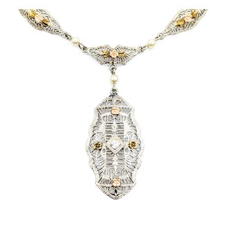Necklace Art Deco Filigree .05ct Old European Diamond 2.75mm Pearls 14kw/r 17.5" 3.86g 225040036