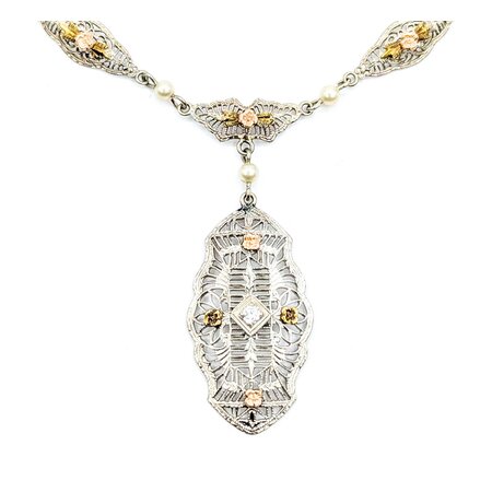 Necklace Art Deco Filigree .05ct Old European Diamond 2.75mm Pearls 14kw/r 17.5" 3.86g 225040036