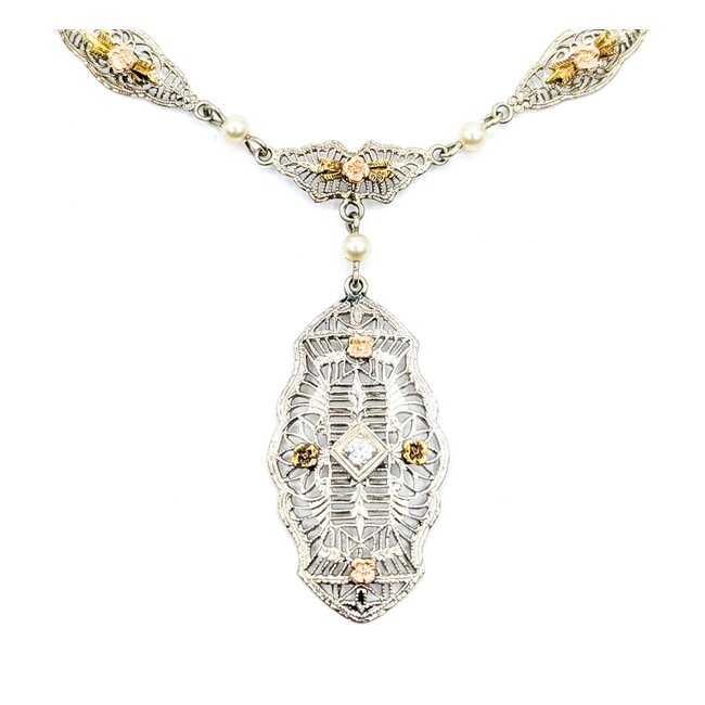 Necklace Art Deco Filigree .05ct Old European Diamond 2.75mm Pearls 14kw/r 17.5" 3.86g 225040036