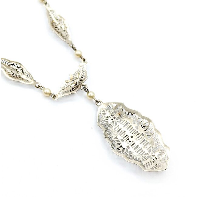 Necklace Art Deco Filigree .05ct Old European Diamond 2.75mm Pearls 14kw/r 17.5" 3.86g 225040036