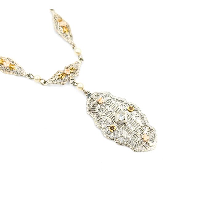 Necklace Art Deco Filigree .05ct Old European Diamond 2.75mm Pearls 14kw/r 17.5" 3.86g 225040036