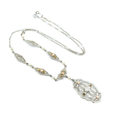 Necklace Art Deco Filigree .05ct Old European Diamond 2.75mm Pearls 14kw/r 17.5" 3.86g 225040036