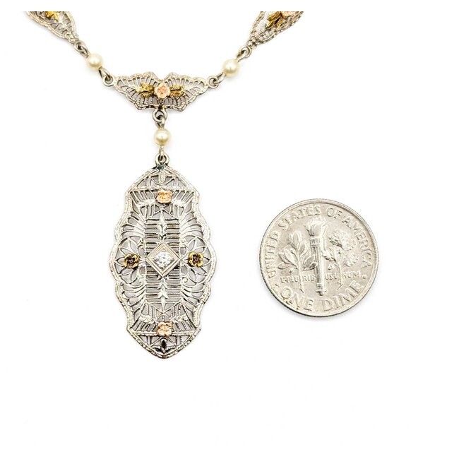 Necklace Art Deco Filigree .05ct Old European Diamond 2.75mm Pearls 14kw/r 17.5" 3.86g 225040036