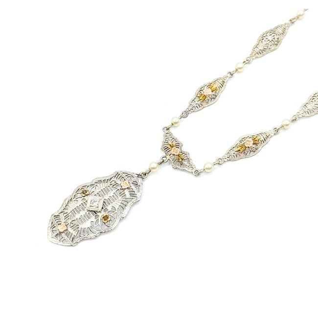 Necklace Art Deco Filigree .05ct Old European Diamond 2.75mm Pearls 14kw/r 17.5" 3.86g 225040036