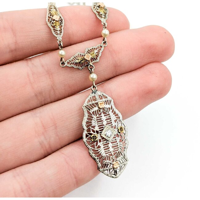 Necklace Art Deco Filigree .05ct Old European Diamond 2.75mm Pearls 14kw/r 17.5" 3.86g 225040036